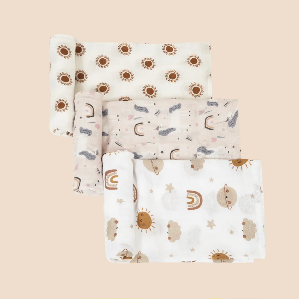 3-Pack Bamboo Cotton Muslin Swaddle Blankets